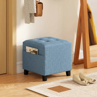 HOMCOM Small Ottoman, Square Footstool with Side Pocket, Rubber Wood Legs and Padded Seat for Living Room, Dark Blue