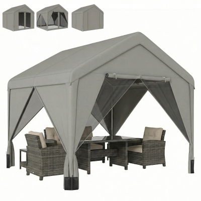 Outsunny Pavillon 3x3m Gris Acier Galvanisé avec Rideaux