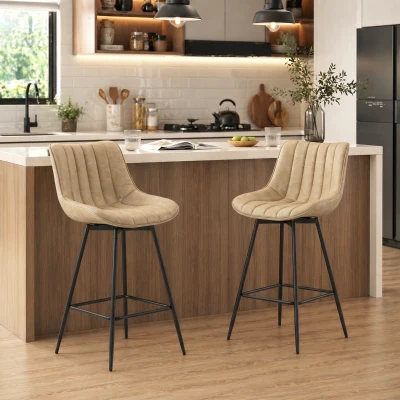 HOMCOM Set of 2 PU Leather Swivel Bar Stools - Light Brown