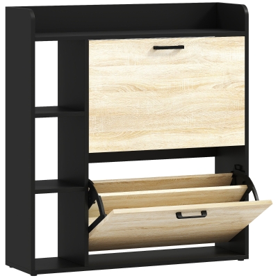 HOMCOM Zapatero Estrecho con 2 Puertas 3 Estantes Laterales y Estantes Ajustables para 15 Pares de Zapatos Natural y Negro