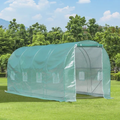 Outsunny Estufa tipo Túnel 500x200x205 cm Estufa de Jardim com Porta Enrolável e 8 Janelas Cobertura de PE 140 g/m² Verde