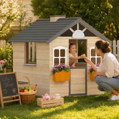 Outsunny Wooden Playhouse for Kids 3-7 Years