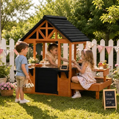 AIYAPLAY Wooden Kids Playhouse with Table & Benches Brown