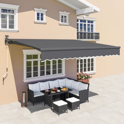 Outsunny Uitschuifbare Luifel met Handkruk en Zonne-energie LED-licht UV 50+ 400 cm breed Grijs