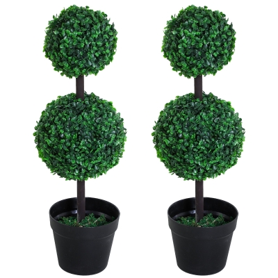 Outsunny Set of 2 Artificial Boxwood Ball Topiary Trees, 67cm Fake Plants in Pot for Outdoor and Indoor Décor