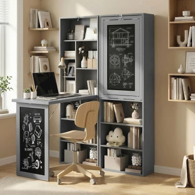 HOMCOM Folding Convertible Desk with Blackboard Multi-function Computer Office Workstation Side Shelf for Home Office, Grey
