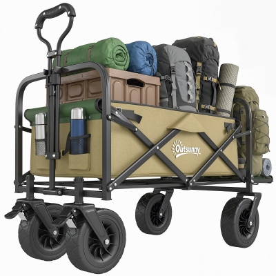 Outsunny Opvouwbare Bolderkar, 110 L, tot 100 kg, Telescopische handgreep, Stalen frame, 94 x 57 x 77-100 cm, Khaki