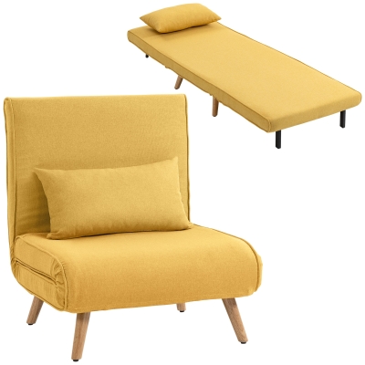 HOMCOM Sofá Cama Individual Plegable con Respaldo Ajustable 5 Posiciones Sillón Cama Tapizado con Cojín 72x75x85 cm Amarillo