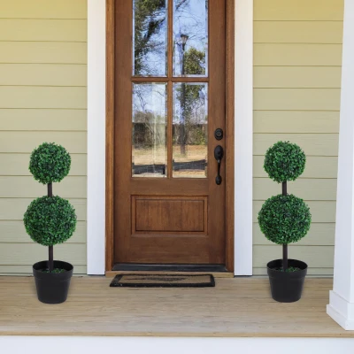 Outsunny Set of 2 Artificial Boxwood Ball Topiary Trees, 67cm Fake Plants in Pot for Outdoor and Indoor Décor