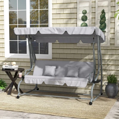 Outsunny Balancín de Jardín Exterior de 3 Plazas Convertible en Cama con Toldo Ajustable y 2 Almohadas Carga 340 kg Gris