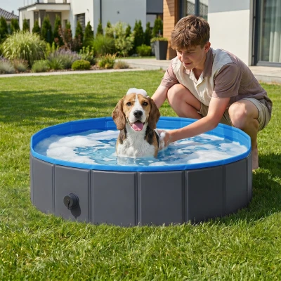 PawHut Foldable Dog Pool Bath Tub 100x30cm Dark Grey
