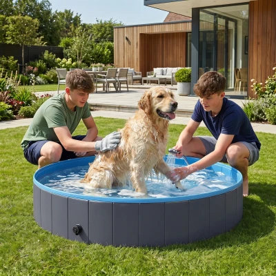 PawHut Foldable Dog Paddling Pool Bath Tub 140x30cm Dark Grey