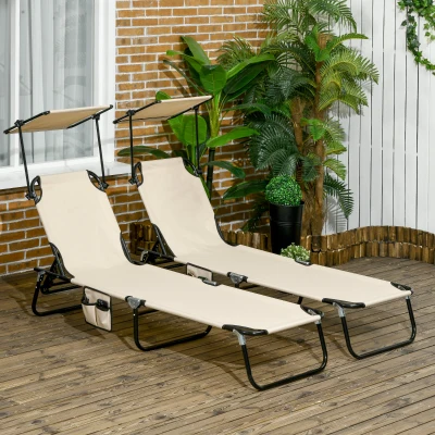 Outsunny 2-delige Set Ligstoelen inklapbaar met Zonnescherm, 5-standen Verstelbare Rugleuning - Bruin