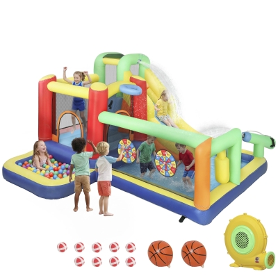 AIYAPLAY 9-in-1 opblaasbaar springkasteel met blower glijbaan plonsbad waterpistool voor 3-8 jaar 330x290x185 cm Veelkleurig