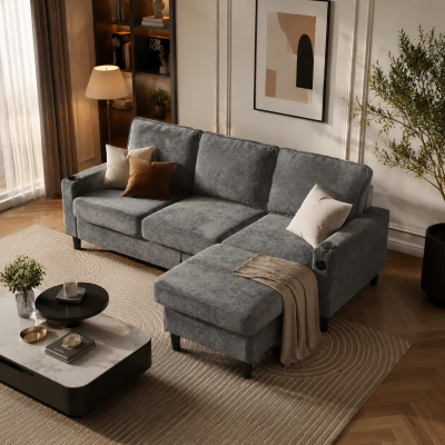 L-Shaped Corner Sofa with USB Charging Ports, Grey