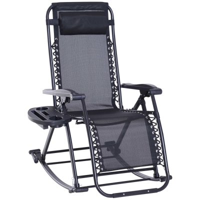 Outsunny Foldable Garden Rocking Chair, Outdoor Recliner Sun Lounger with Breathable Mesh Fabric, Zero-Gravity Seat with Headrest and Cup Holder Tray, Black