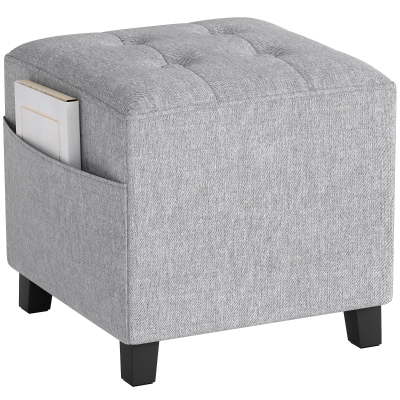 HOMCOM Pouf Carré Tissu Lin Poche Bois Gris Clair