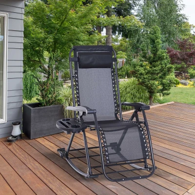 Outsunny Foldable Garden Rocking Chair, Outdoor Recliner Sun Lounger with Breathable Mesh Fabric, Zero-Gravity Seat with Headrest and Cup Holder Tray, Black