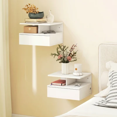 HOMCOM Comodini Sospesi con Stazione di Ricarica, Bianco