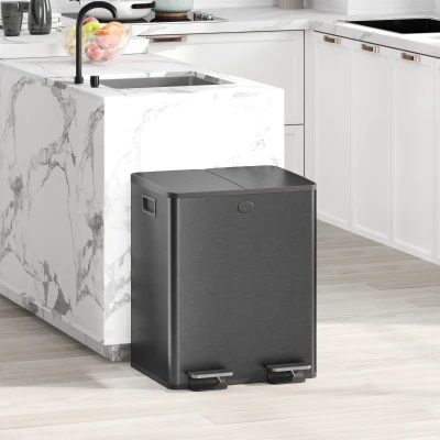 HOMCOM Edelstahl-Küchenabfalleimer mit 2 Fächern 2x 20 L, Pedal, Soft-Close-Deckeln und herausnehmbarem Eimer, Schwarz