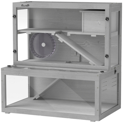 PawHut Cage Hamster Bois 3 Niveaux 80x50x84cm Gris