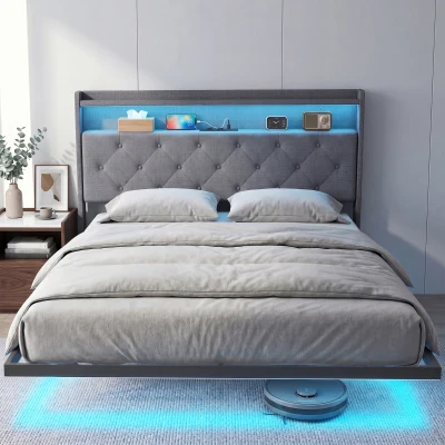 HOMCOM Lit 140x190cm LED RGB Flottant Acier Gris 2 Places