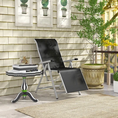 Outsunny Chaise Longue Pliable Noir Dossier & Repose-Pied Réglable