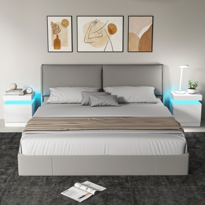 HOMCOM Conjunto 2 Mesas de Cabeceira LED a 16 Cores e 4 Modos com 2 Gavetas em Madeira 45x35x52 cm Branco Brilhante