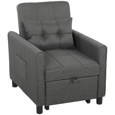 HOMCOM Fauteuil-lit 3 en 1 Tissu Lin Bois Dossier Inclinable Gris