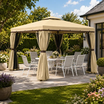 Outsunny 3x3m Patio Gazebo Aluminium Beige with Mosquito Netting