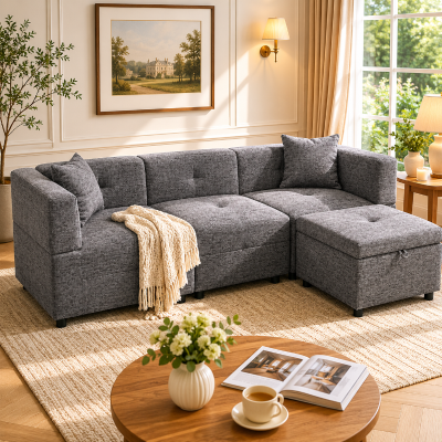 L-Shaped Sectional Sofa with Removable Storage Ottoman and 2 Pillows, Grey