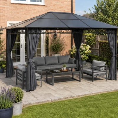 Outsunny Hardtop Aluminium Gazebo with Curtains Dark Grey 3x4m