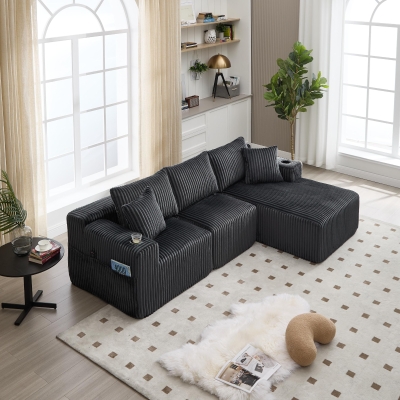 Modular L-Shaped Sectional Sofa with Deep Seat, 257L x 160W x 80H cm, Gray