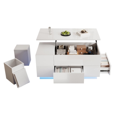 Lift-Top Coffee Table with App-Controlled LED and Soft-Close Drawers, 100L x 50W x 45H cm, White