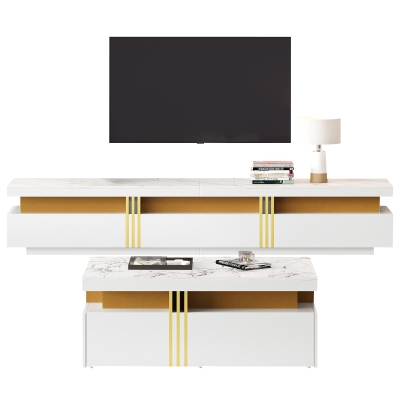 TV Stand and Coffee Table Set with Ample Storage, 200L x 40W x 42H cm, White