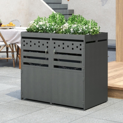 Double Wheelie Bin Storage Box with Planting Top and Tipping Chains, 132L x 80W x 125H cm, Grey