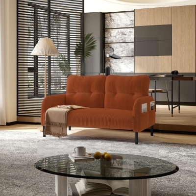 Modern Two-Seater Corduroy Sofa with High-Rebound Springs, 120L x 65W x 79H cm, Orange