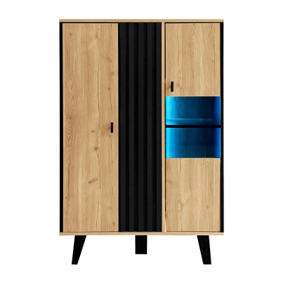 Display Cabinet with LED Lighting and Decorative Glass Doors, 80L x 120W x 40H cm, Black+Wood