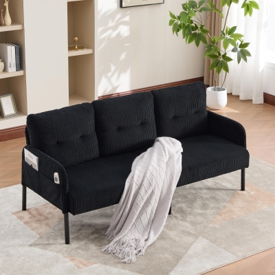 Oversized Two-Seater Corduroy Sofa with Ergonomic Curves, 171L x 72W x 80H cm, Black