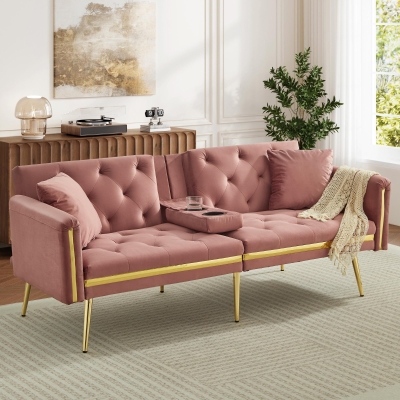 Two-Seater Convertible Sofa Bed with 3-Level Adjustable Backrest, 174L x 76W x 71.5H cm, Pink