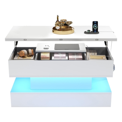 Multifunctional White Coffee Table with Integral Power Outlet, 100L x 50W x 51.5H cm, White