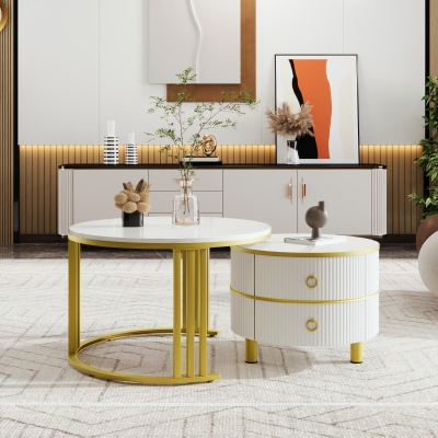 2-In-1 Round Coffee Table Set with High-Gloss Tops, 70L x 70W x 46H cm, White