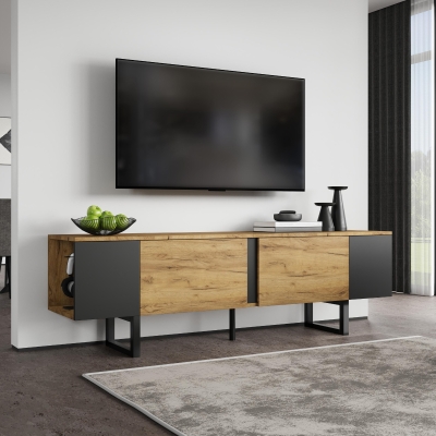 Natural-Wood TV Cabinet with Open Shelves and Soft-Close Doors, 180L x 40W x 55H cm, Natural
