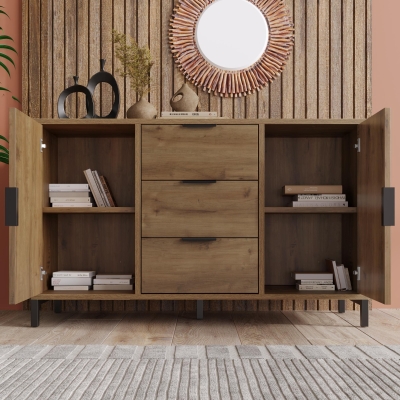 Modern Industrial Sideboard with Metal Frame and Adjustable Feet, 120L x 40W x 76H cm, Dark Oak