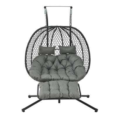 Cadeira suspensa em forma de ovo com suporte, cadeira de baloiço com apoio de pés regulável, cadeira suspensa de jardim com almofada de assento & almofado, 140x94x197 cm, Cinzento