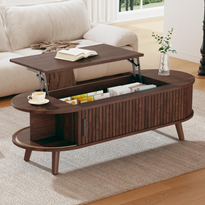 Lift-Up Oval Coffee Table with Hidden Storage and Roller-Shutter Doors, 120L x 50W x 39.5H cm, Wood