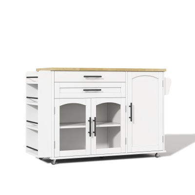 Mobile Kitchen Island Trolley with Lockable 360° Wheels, 138L x 70W x 90H cm, White