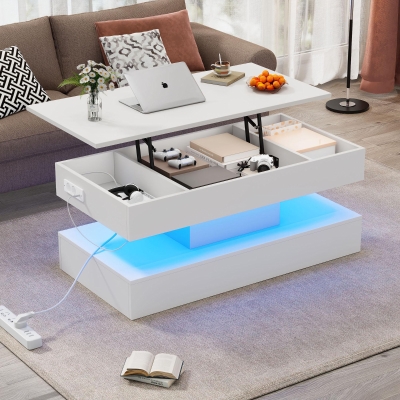 Modern Coffee Table with Bluetooth-Controlled LED Lighting, 100L x 50W x 42H cm, White