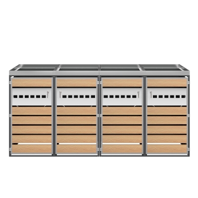 4-Compartment Outdoor Bin Enclosure with Integrated Planter, 264L x 80W x 124.5H cm, Grey+Wood