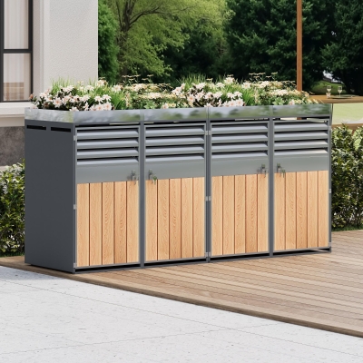 Lockable Bin Storage Unit with Integrated Planter, 264L x 80W x 124.5H cm, Grey+Wood